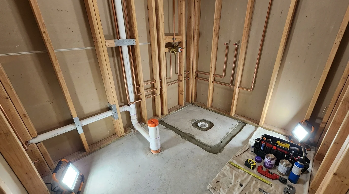 Bathroom rough-in plumbing during remodel by Johns Plumbing LLC in Redway