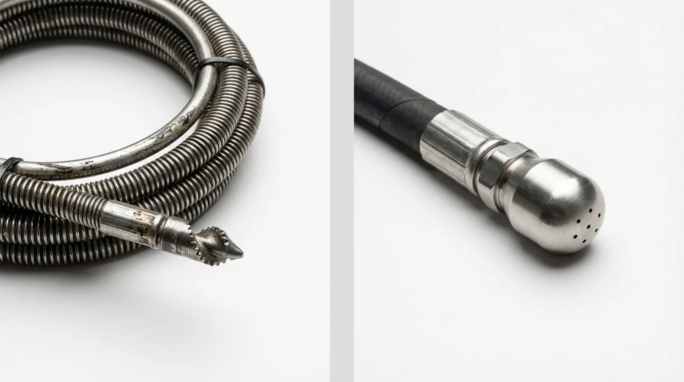 Drain snake cable and hydro jetting nozzle used for drain cleaning in Redway, CA