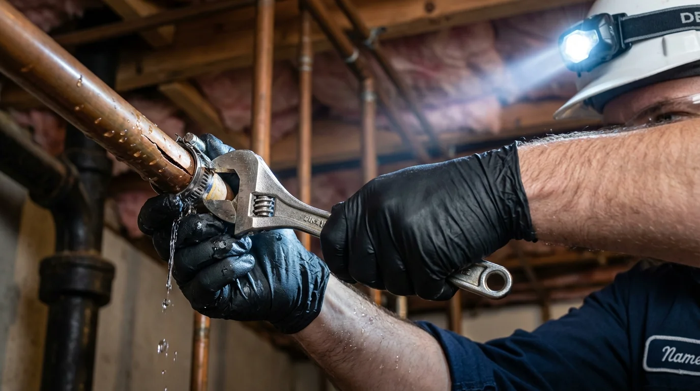 Emergency pipe clamp repair being performed by a Johns Plumbing LLC plumber in Redway