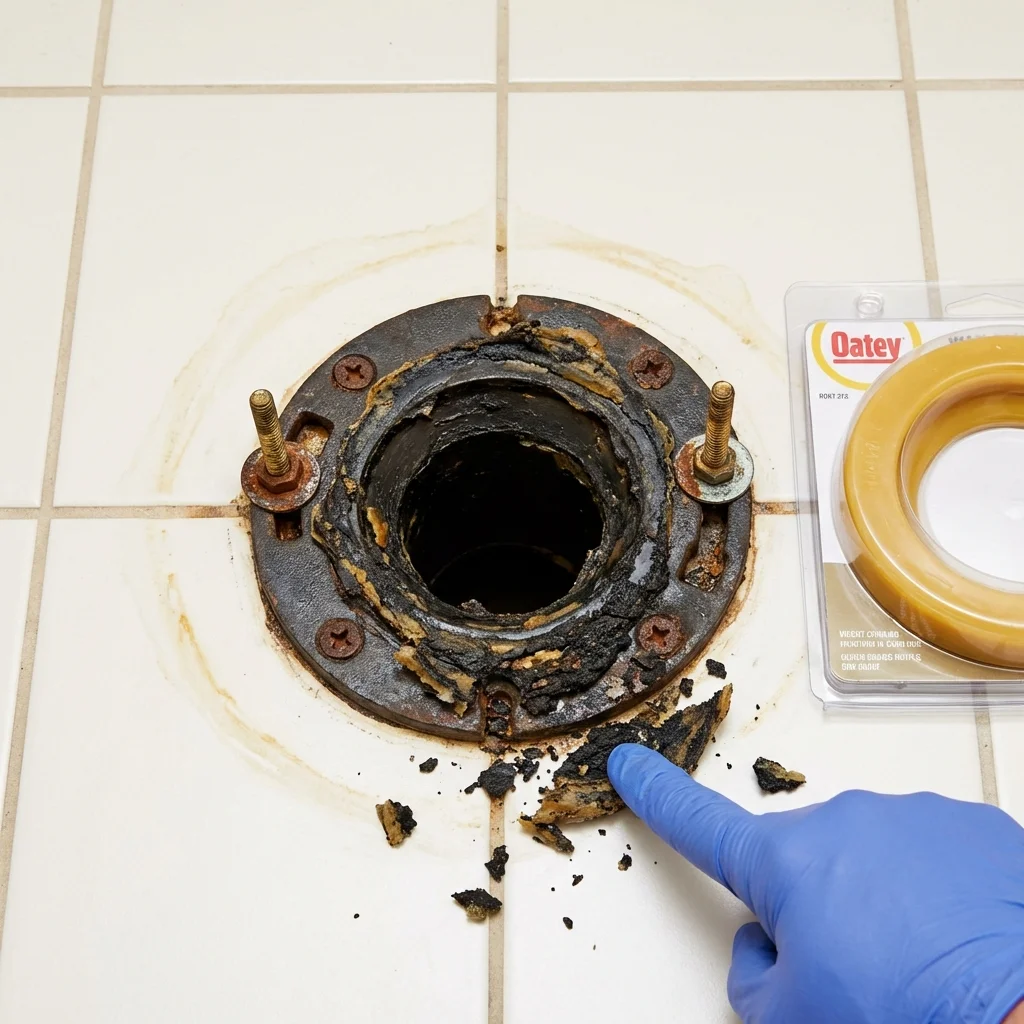 Failed wax ring showing water seepage at the base of a toilet in a Redway, CA home