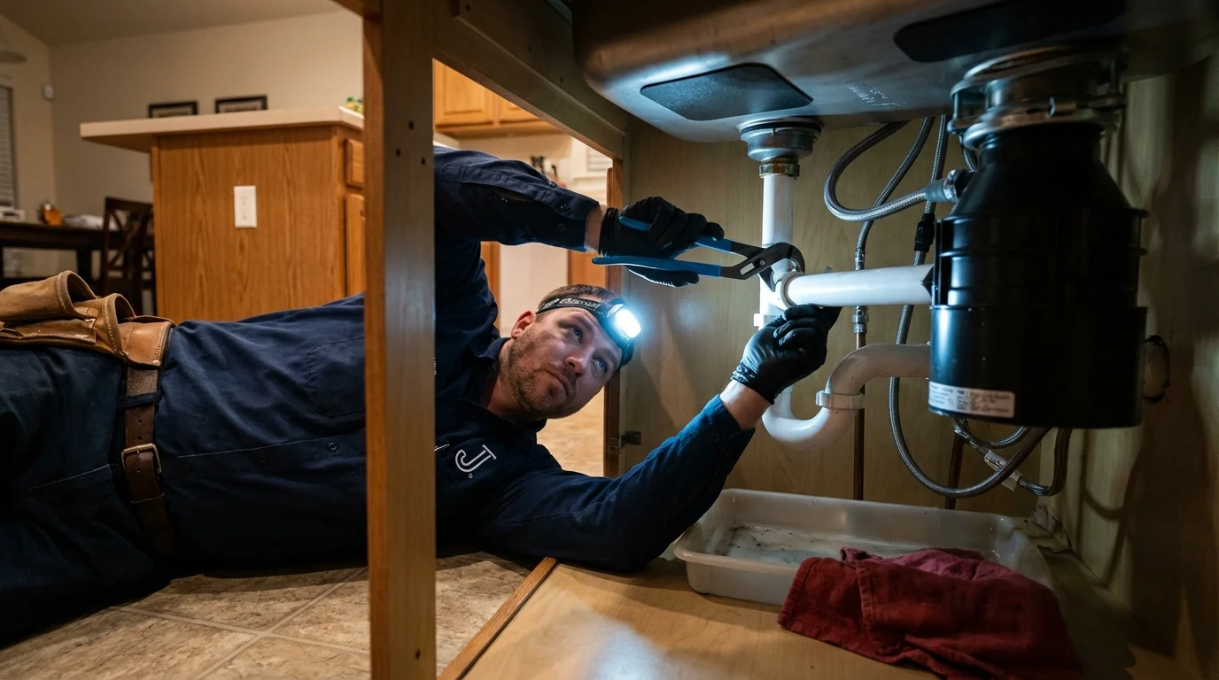 P-trap and supply line connections under a kitchen sink showing a common leak point in Redway, CA